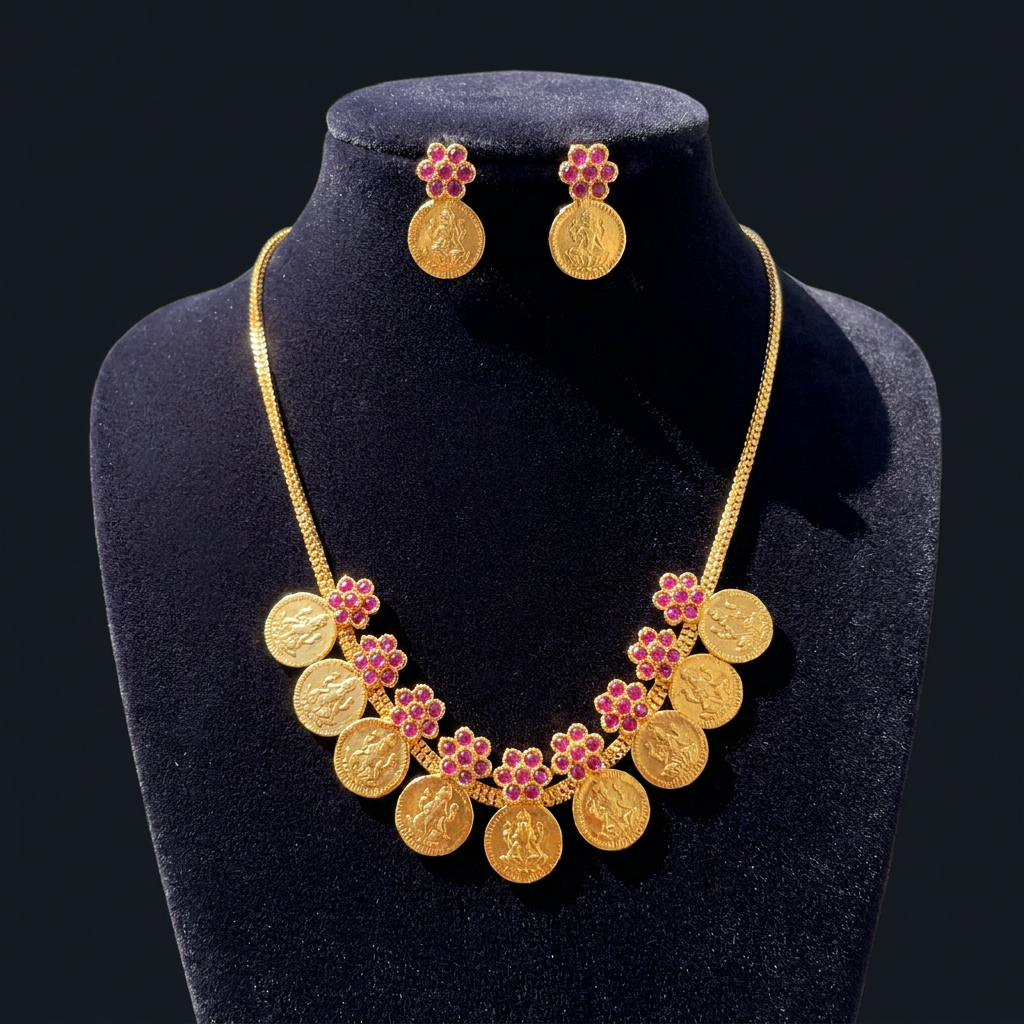 Sowbhagya Lakshmi Coin & Kemp Floral Gold Necklace Set