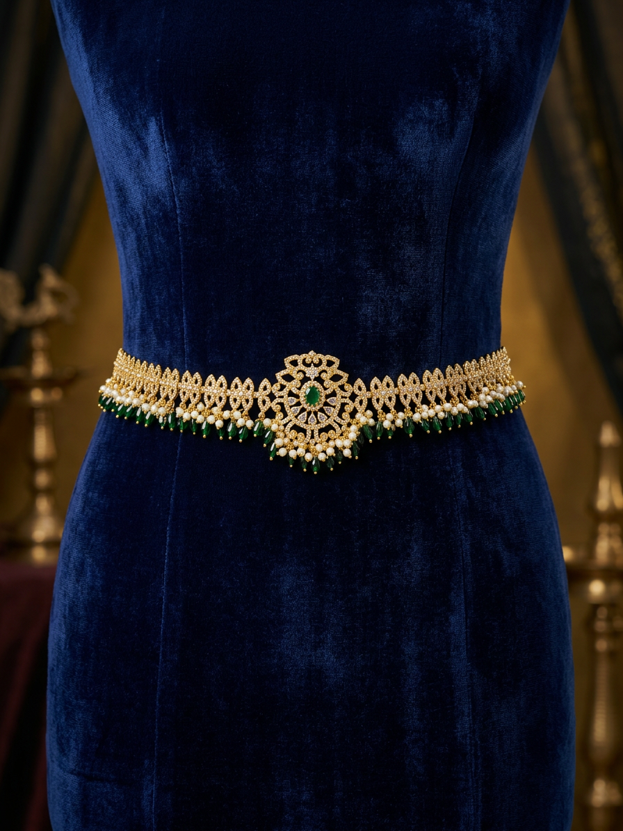 Emerald & Pearl Floral CZ Bridal Waist Belt