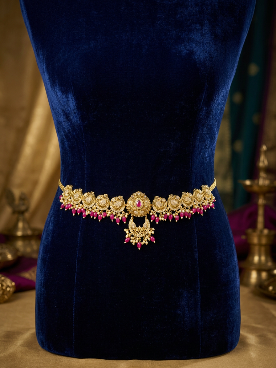 Antique Gold Ruby Drop Temple Vaddanam