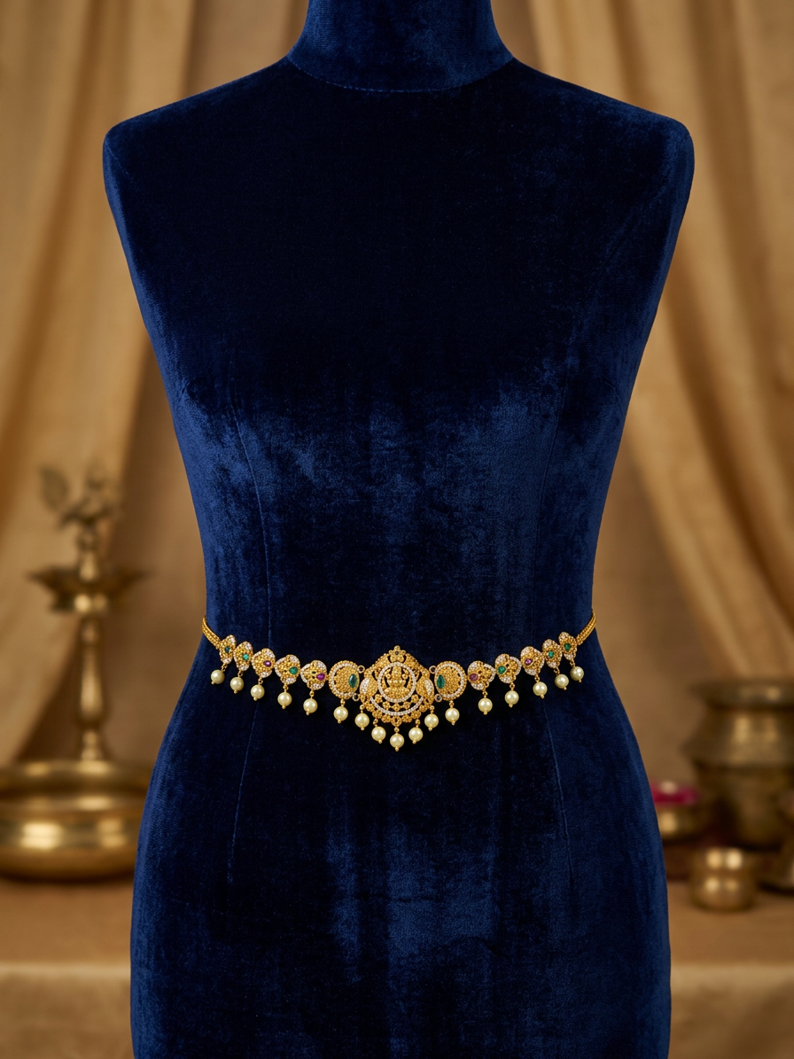 Antique Gold Lakshmi Motif CZ & Pearl Bridal Vaddanam