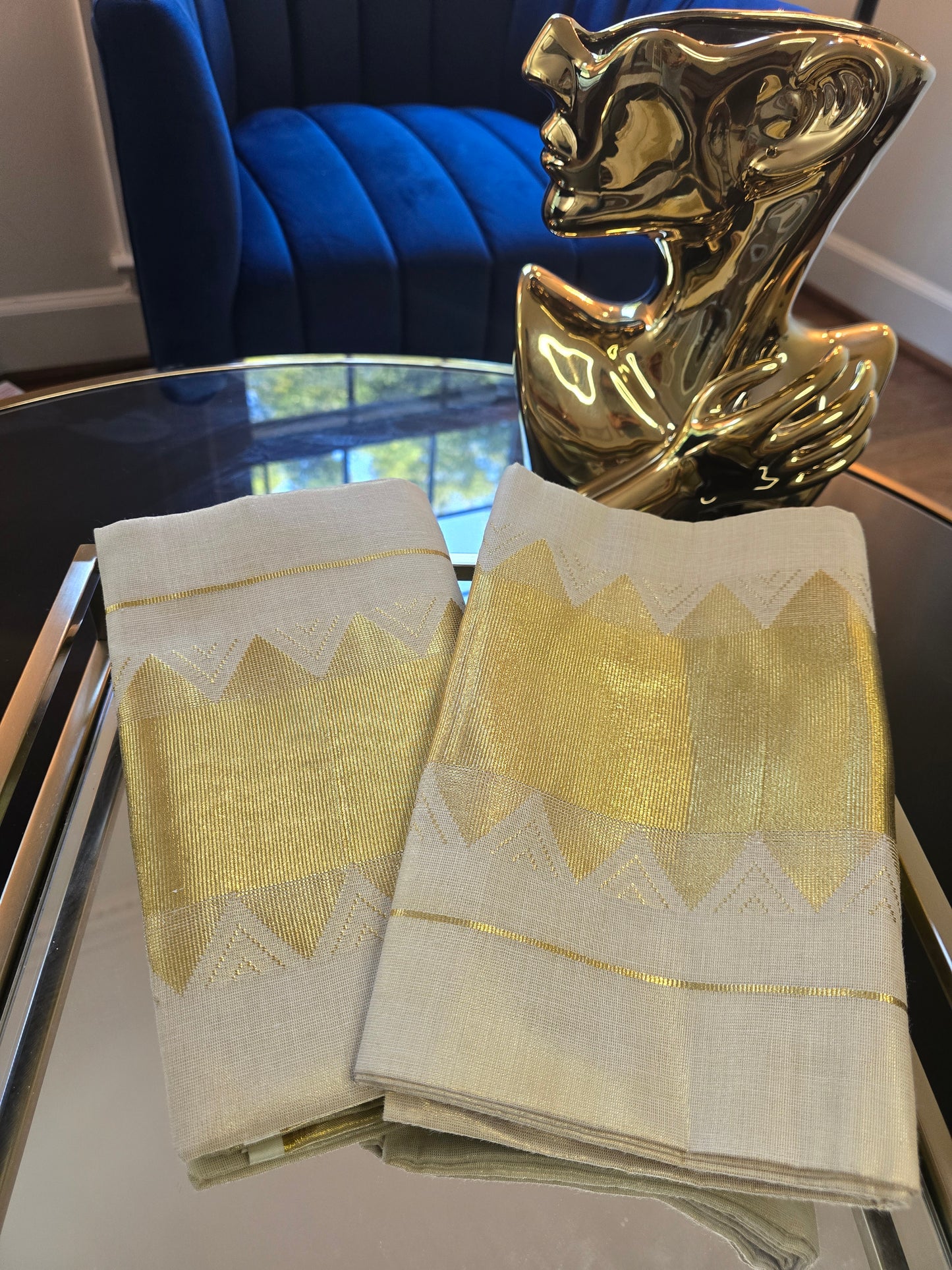 Kerala Tissue Set Mundu with Temple Design