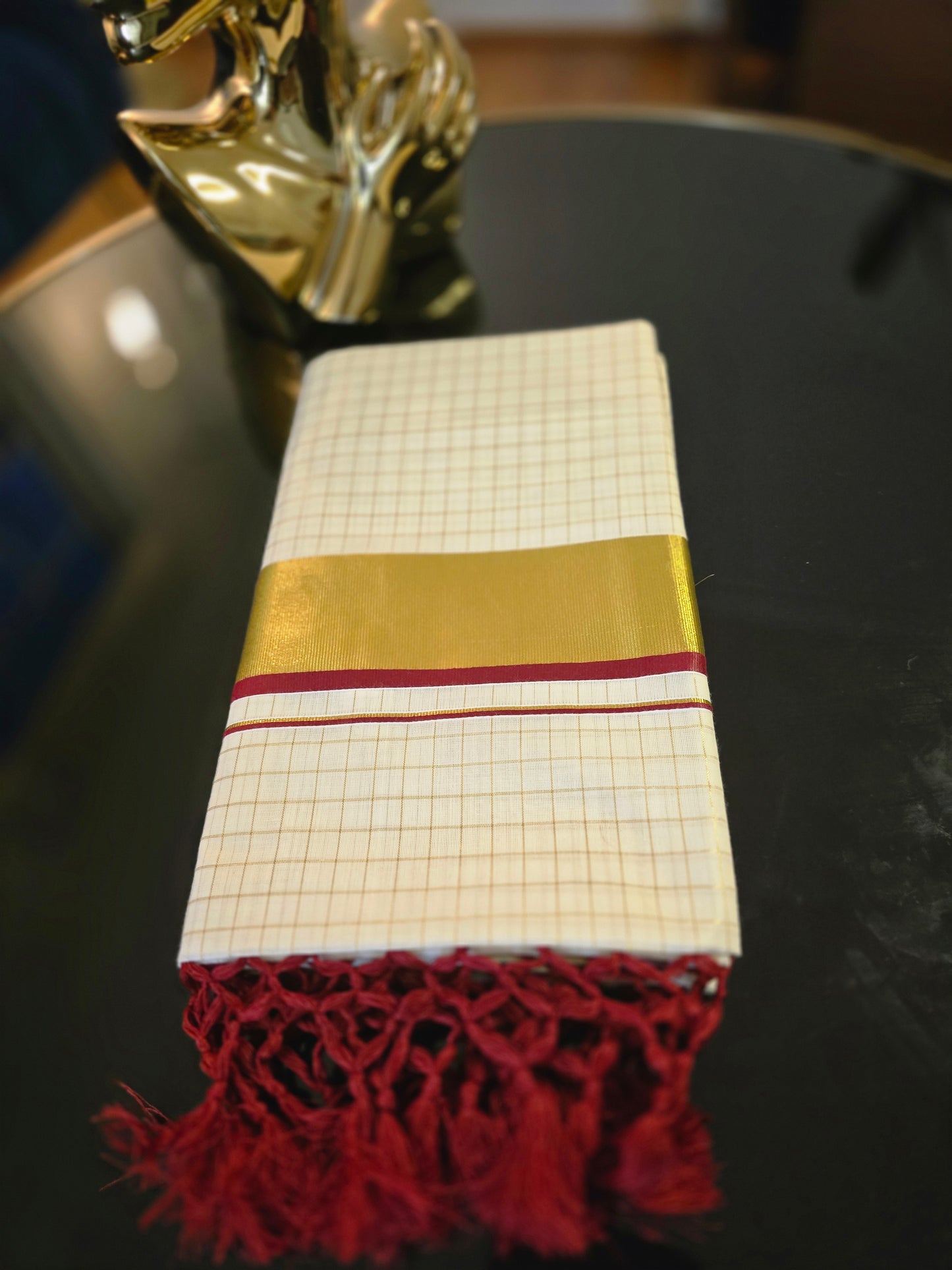 Kerala Kasavu Saree with Golden Checks