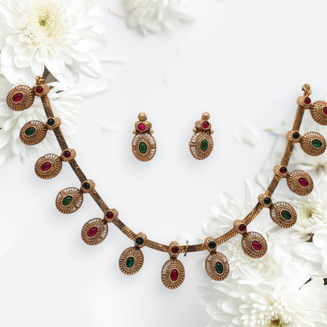 Gold Plated Necklace Set with Red & Green Stones