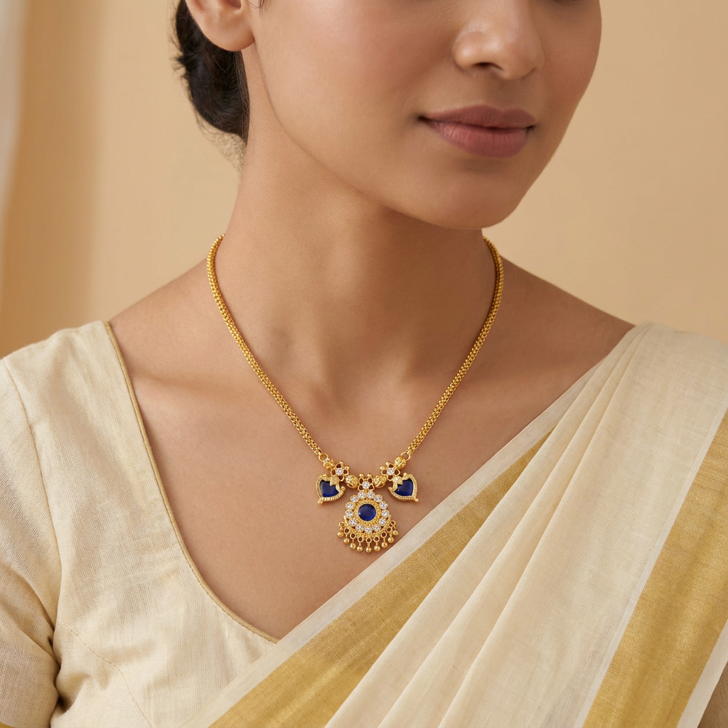 Neelambari Royal Blue Sapphire & Zircon Gold Pendant Necklace