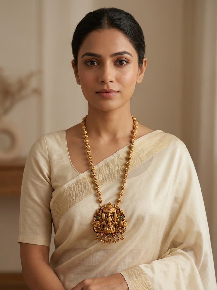 Antique Gold Lakshmi Temple Haram Necklace Set with Jhumkas