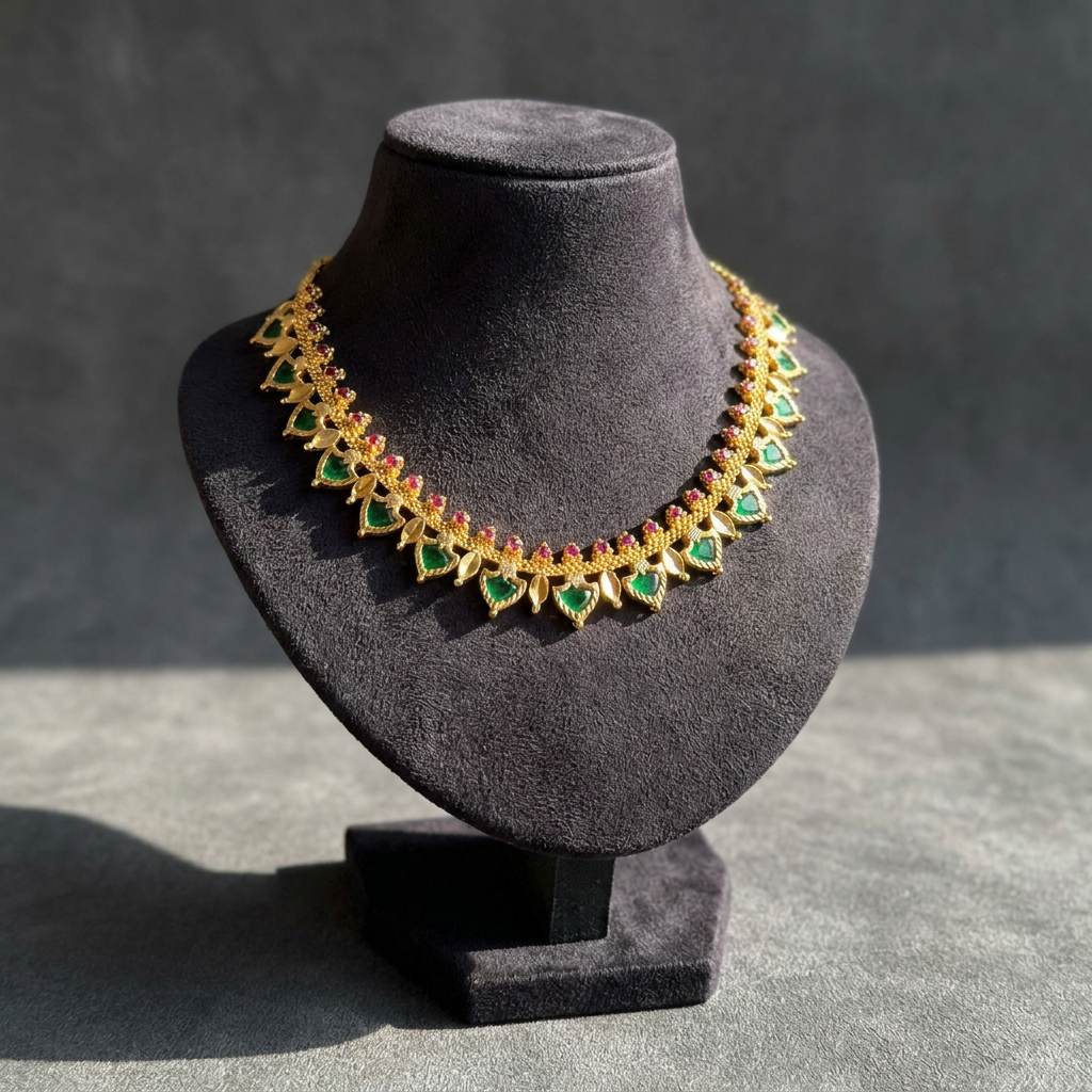 Traditional Emerald Palakka & Ruby Kemp Leaf Choker Necklace