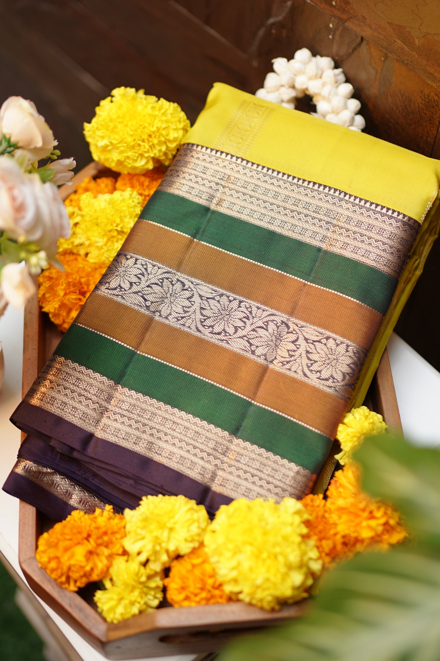 Mustard Glow with Silver Zari & Green Accents Pure Kanchipuran Silk Saree