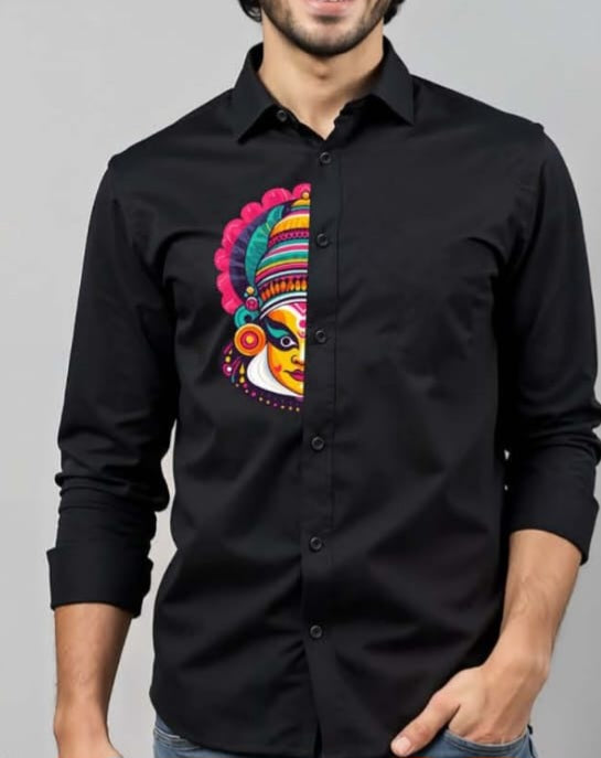 Onam Special Black Shirt – Vibrant Kathakali Print