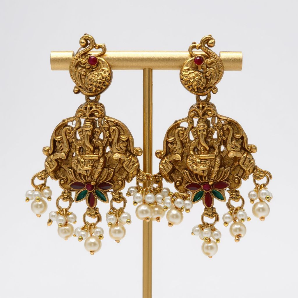 Temple Lakshmi Necklace Set with Pearl Drops