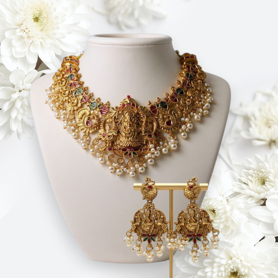 Temple Lakshmi Necklace Set with Pearl Drops