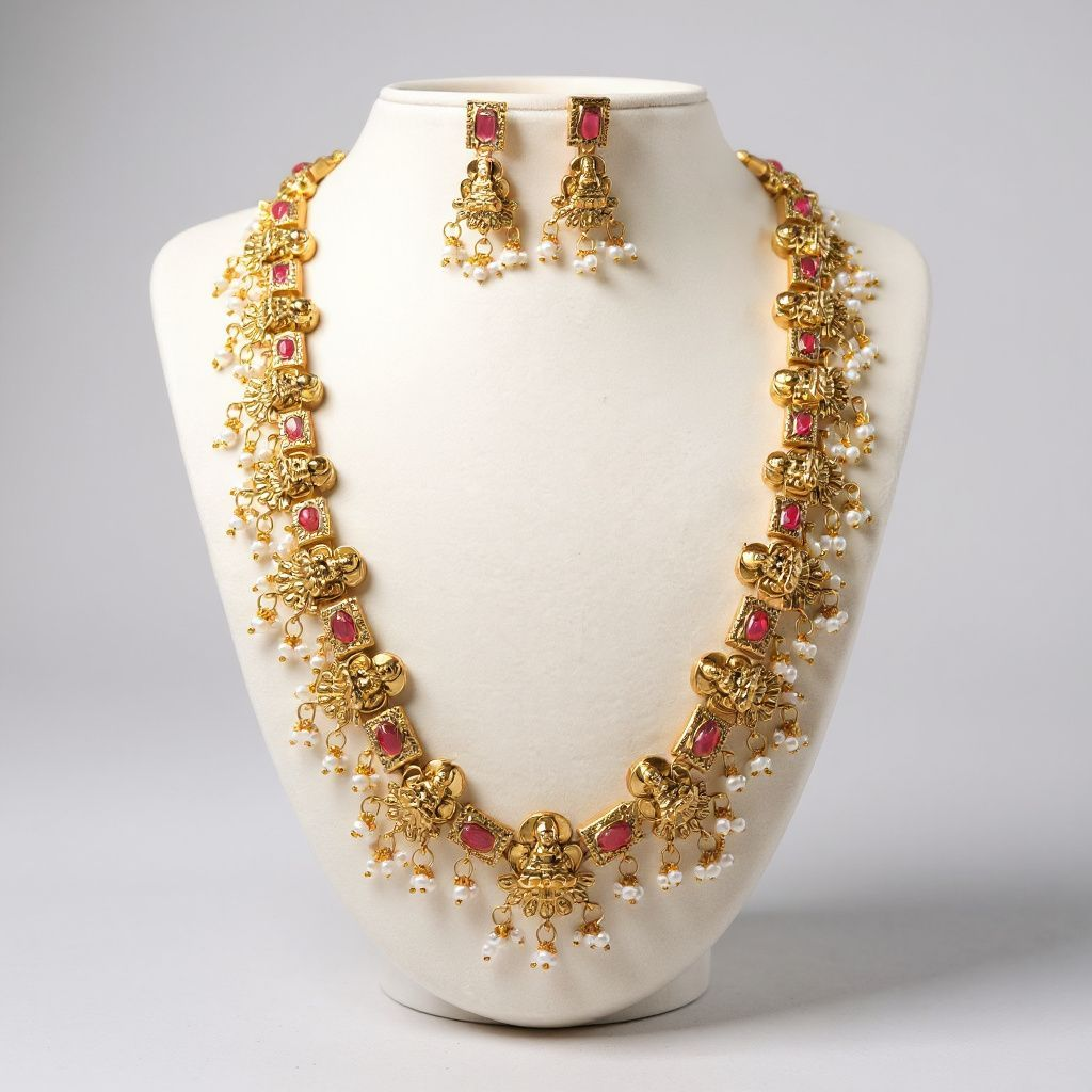 Antique Temple Lakshmi Long Haram Necklace with Ruby Stones & Earrings