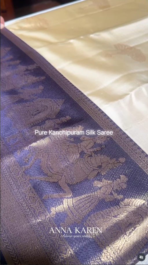 Off White and Royal Purple Pure Kanchipuram Silk Saree