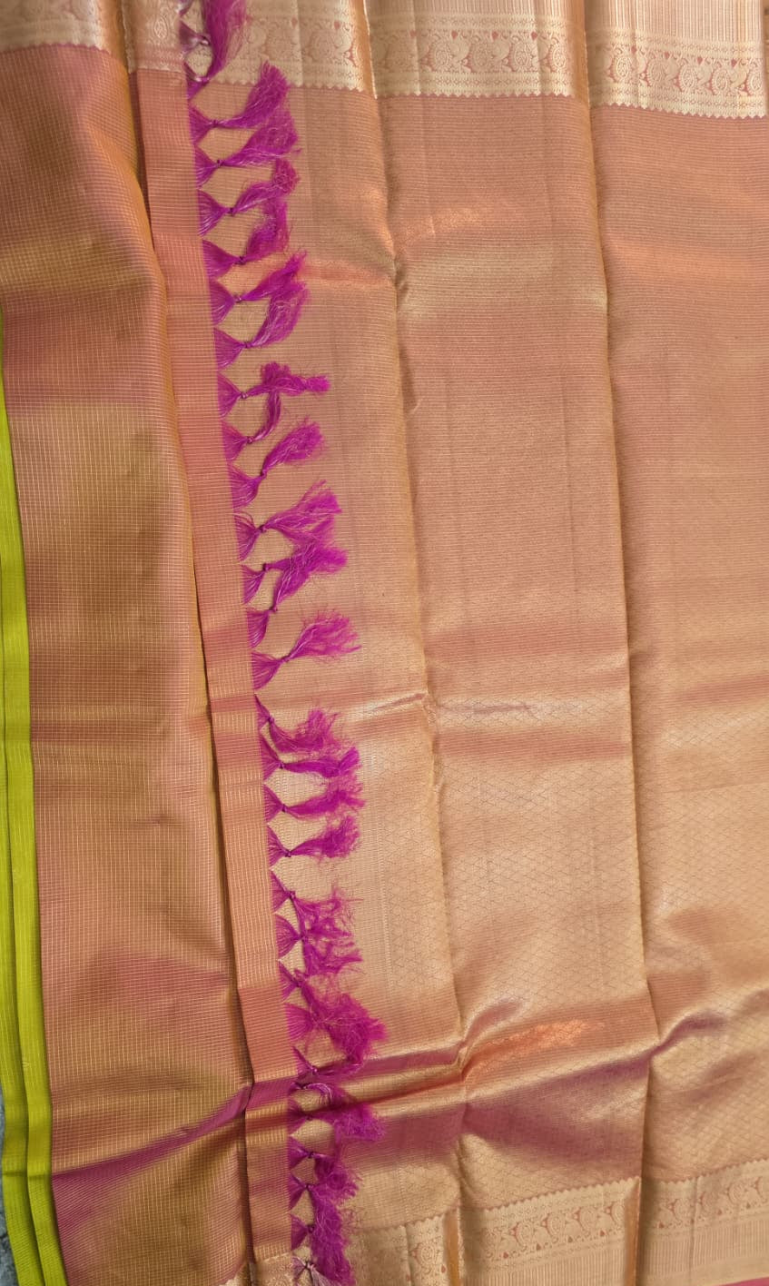 Golden Lime Kanchipuram Silk Saree with Rose Zari Border