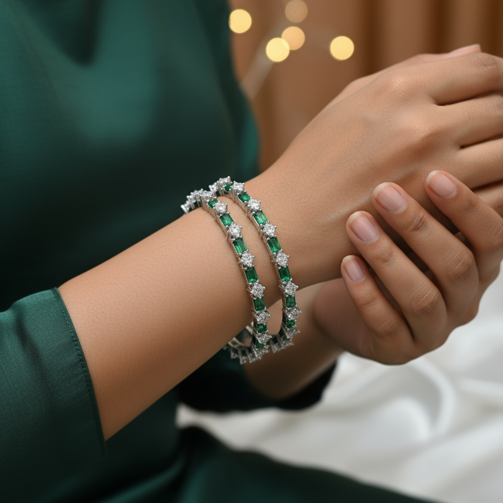 AD Bangle with Emarald and white stones set of 2