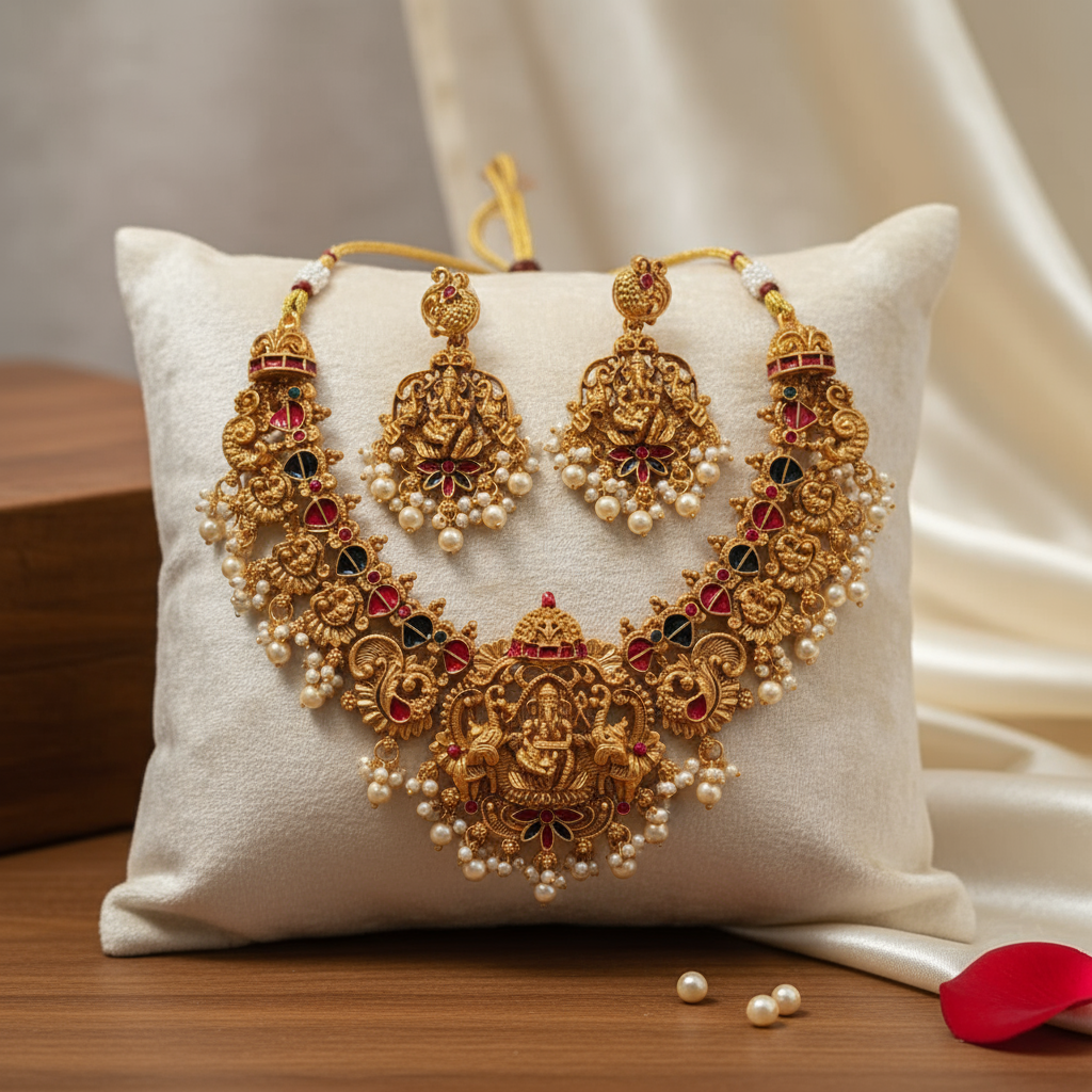 Temple Lakshmi Necklace Set with Pearl Drops