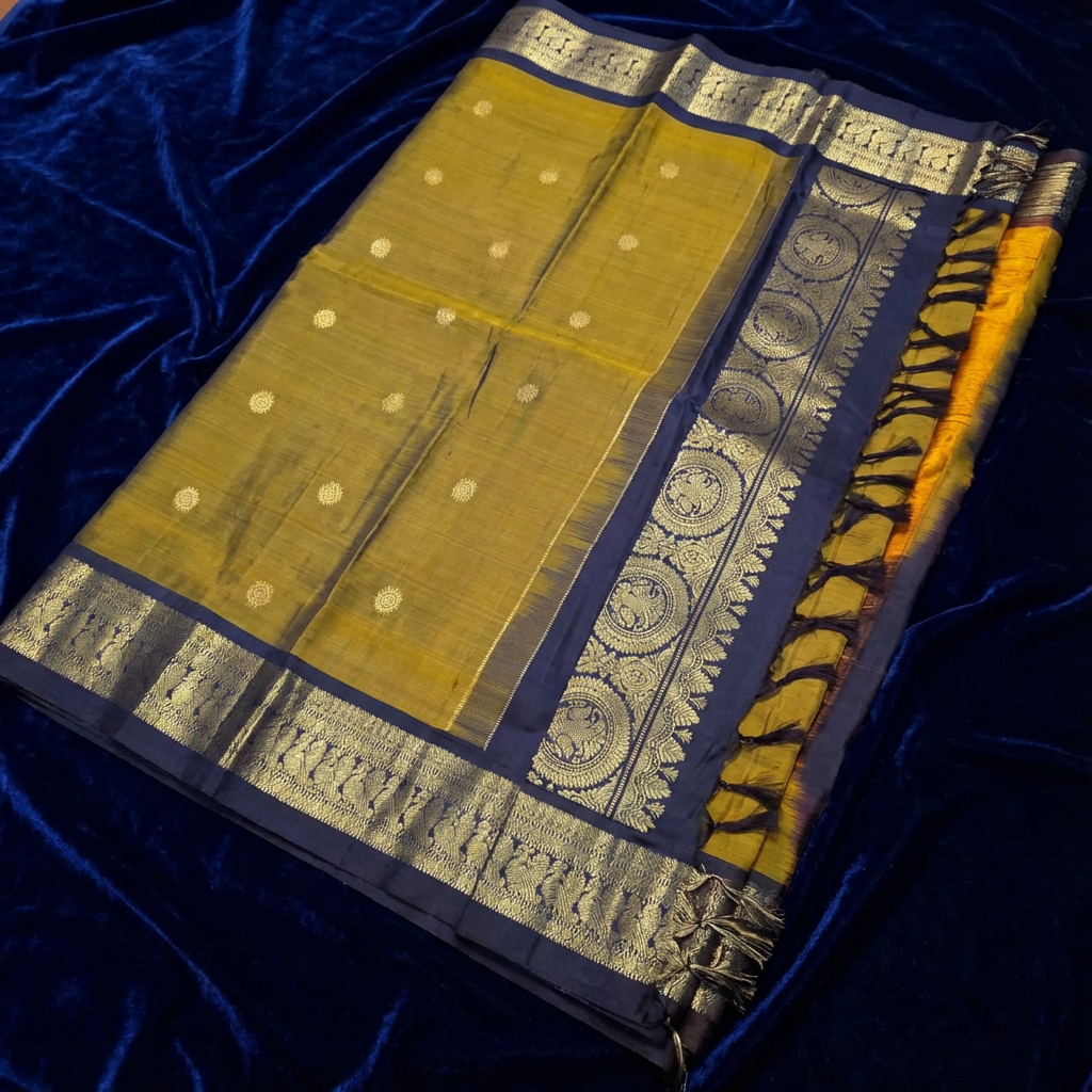 Mustard Yellow & Brown Pure Kanchipuram Silk Mark Saree