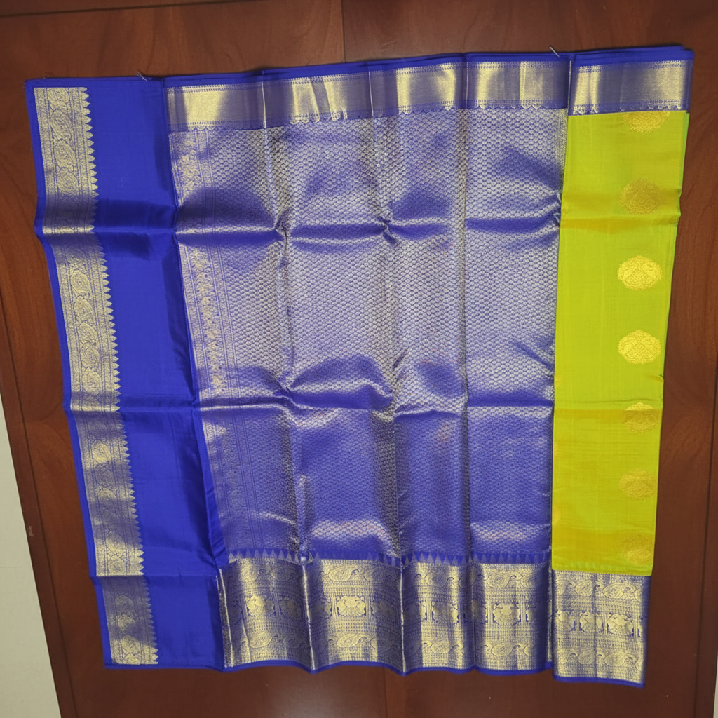 Lime Yellow & Royal Blue Pure Kanchipuram Silk Mark Saree