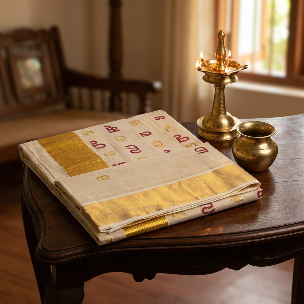 Malayalam Letter Embroidered Kerala Tissue Saree