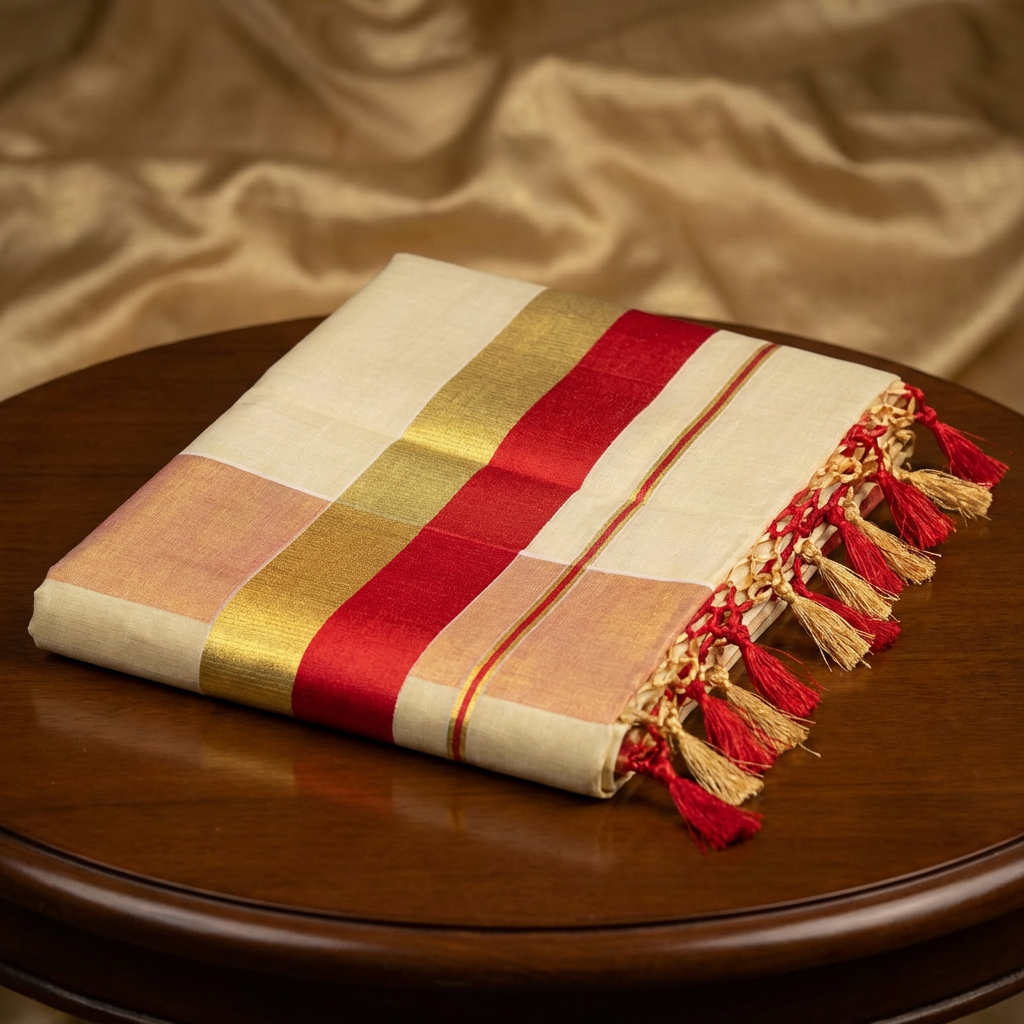 Kerala Kasavu Tissue Saree with Red & Gold Border