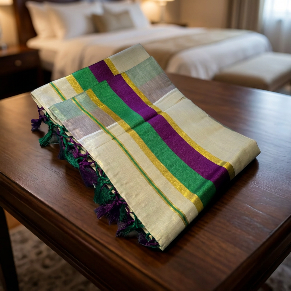 Kerala Kasavu Tissue Saree with Green & Purple Border