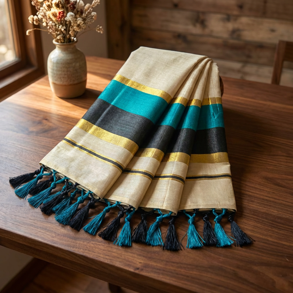 Kerala Kasavu Tissue Saree with Teal & Black Border