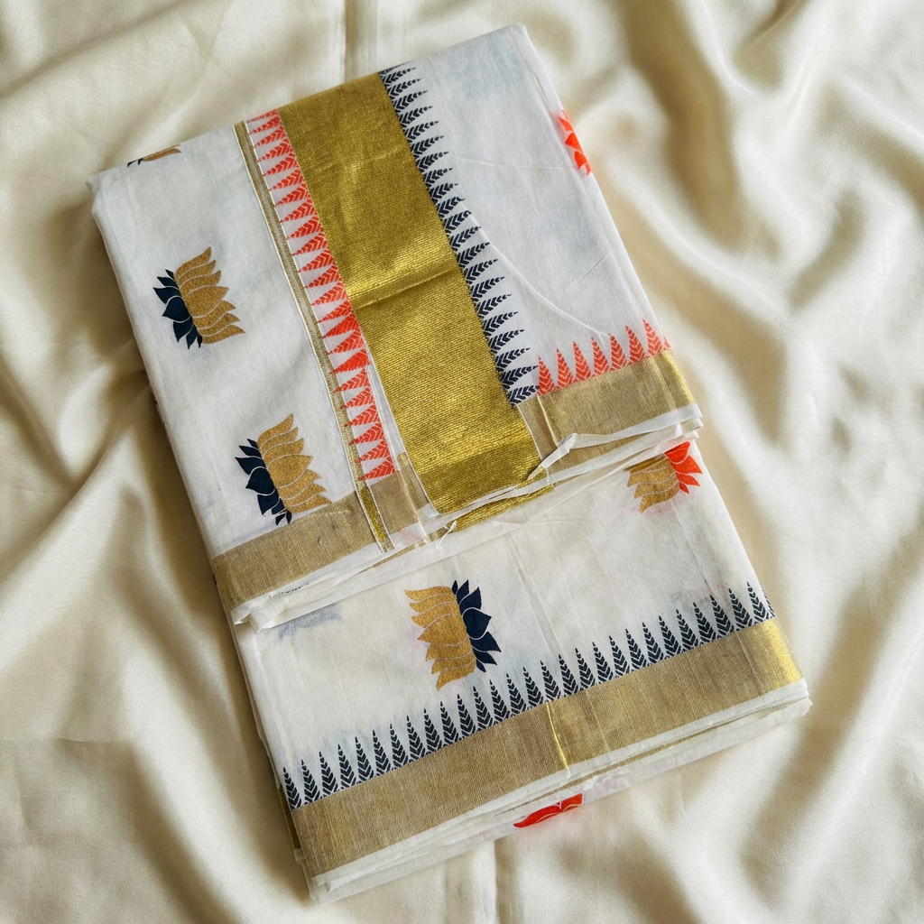 Kerala Cotton Saree with Golden Zari Border & Lotus Motifs
