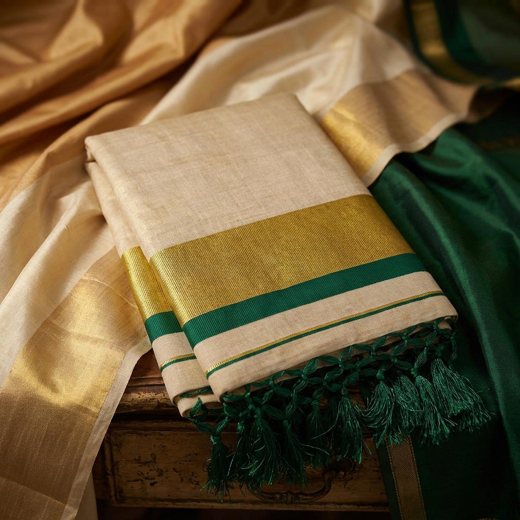 Kerala Tissue Saree with Gold Kasavu & Green Border