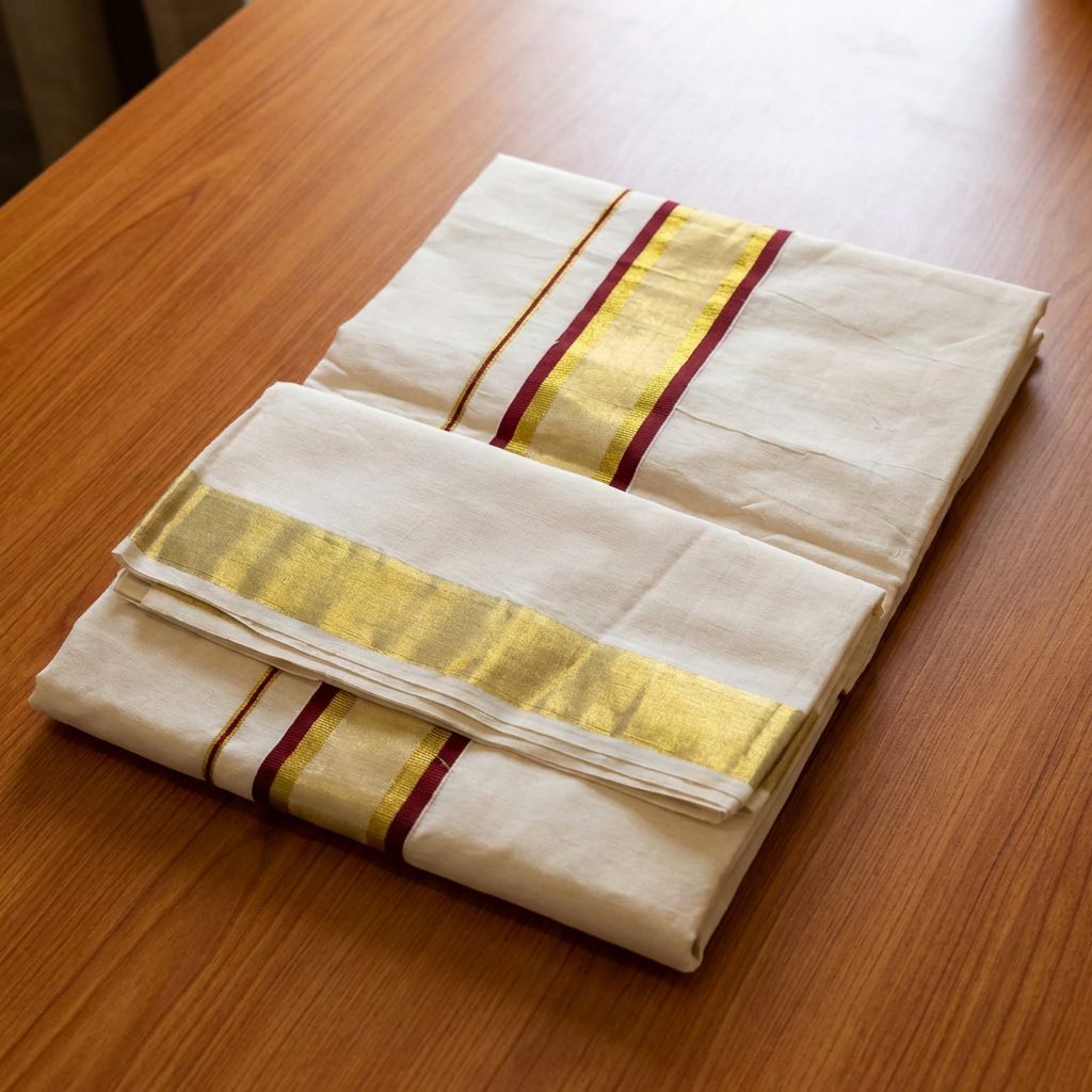 Kerala Cotton Saree with Gold Kasavu Stripes & Red Border