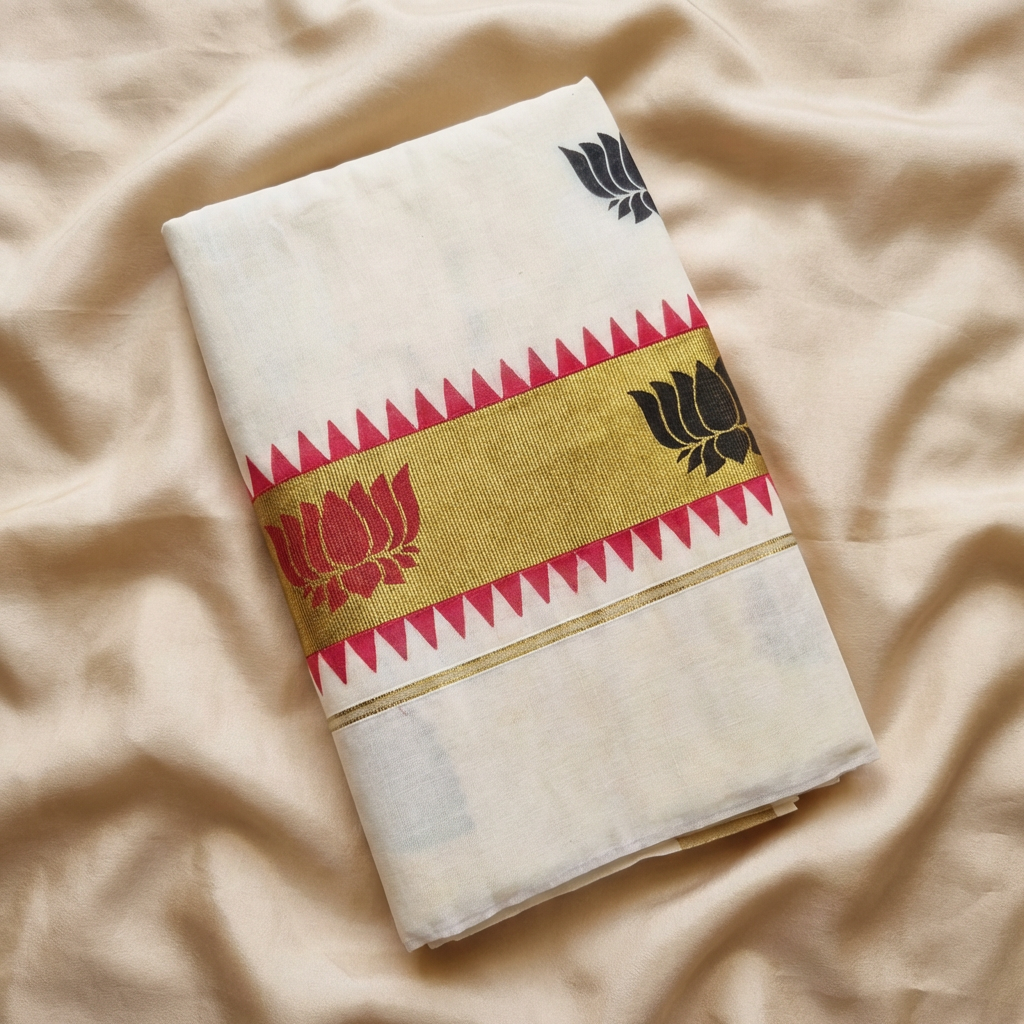 Traditional Kerala Cotton Kasavu Saree with Lotus Design