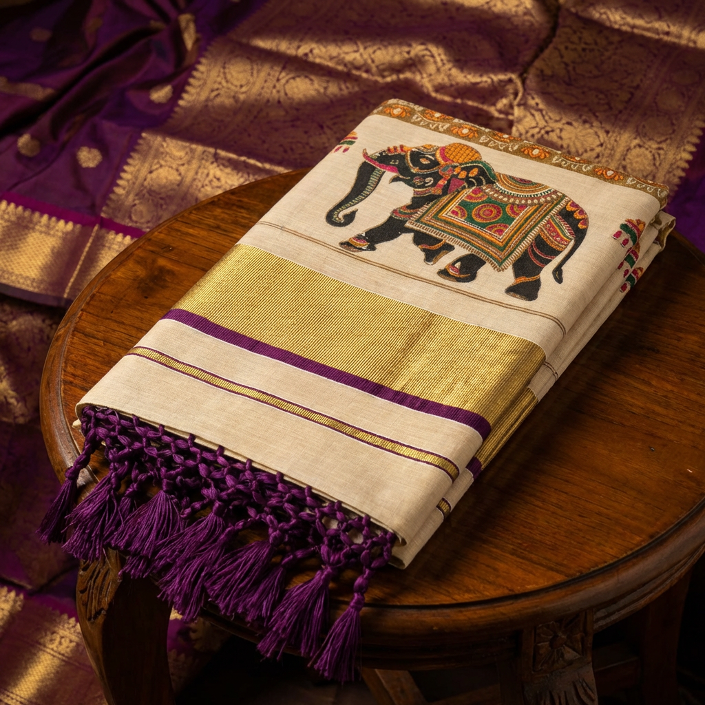 Kerala Tissue Saree with Elephant Motif & Gold Kasavu and Purple Border