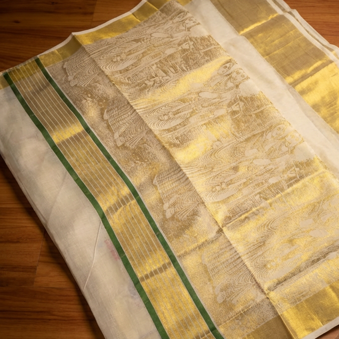 Divine Gold Premium Kerala Kasavu Saree with Radha Krishna Weave