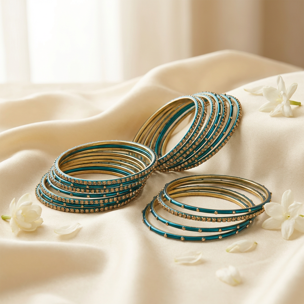 Teal Blue & Gold Metal Bangles with Crystal Stones set of 18