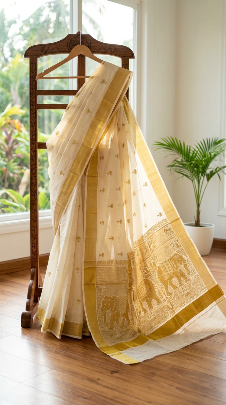 Gold Premium Cotton Kerala Kasavu Saree with Elephant motif
