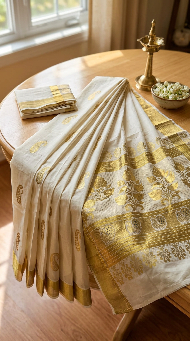 Gold Premium Cotton Kerala Kasavu Saree with Peacock