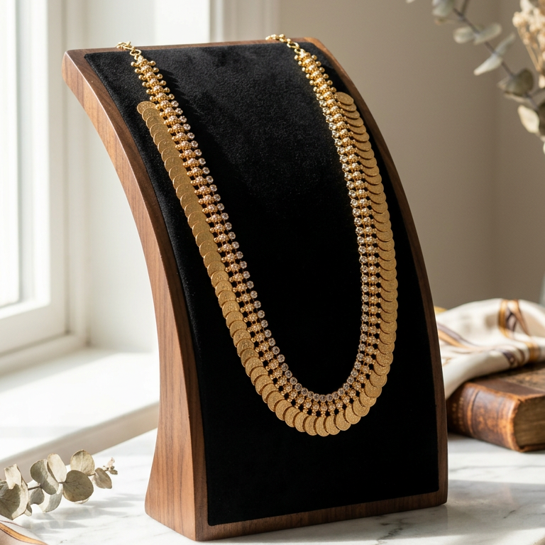 Gold Plated traditional Long Kashu mala Necklace with white stones (20inch)