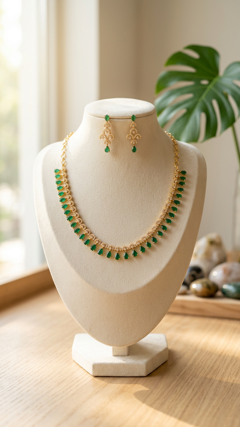 Gold Plated Necklace set with white and emerald stones
