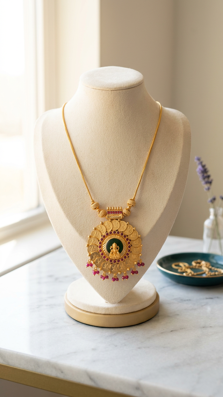 Gold Plated Lakshmi Pendant kashu mala Necklace with