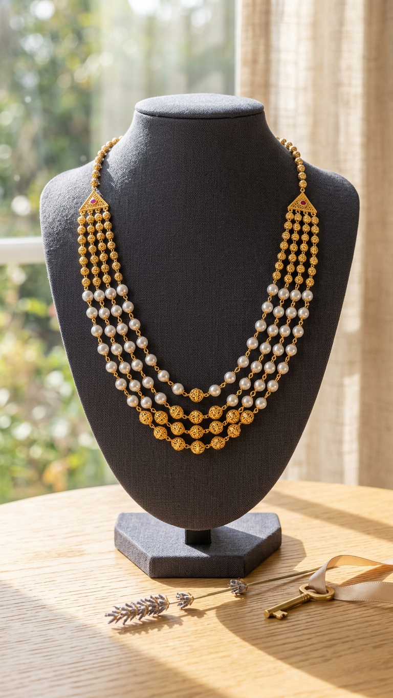 Gold Plated 3 layered Pearl and bead Necklace