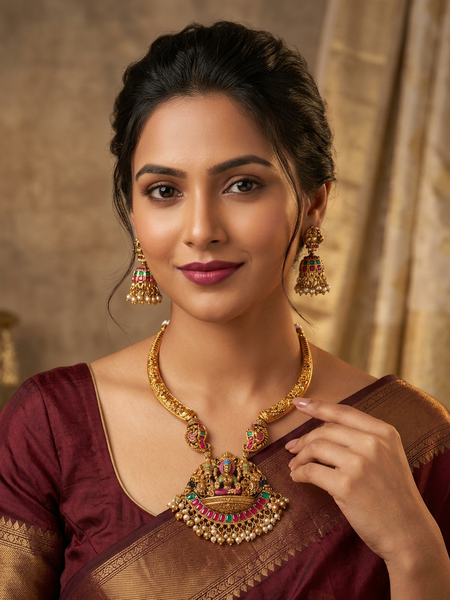 Lakshmi Pendant Meenakari short necklace set