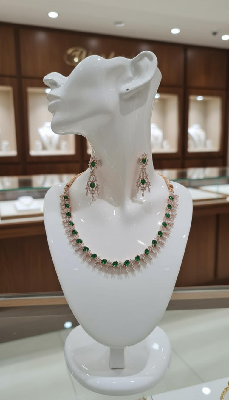 Gold Plated AD Emerald Necklace Set