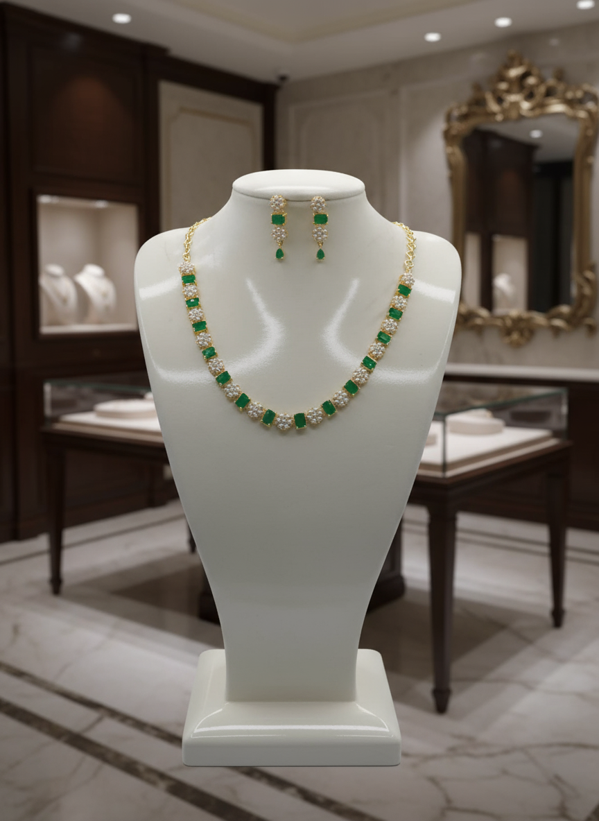 Gold Plated Emerald and Pearl Necklace Set