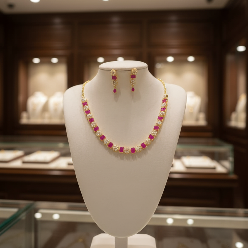 Gold Plated Ruby and Pearl Necklace Set