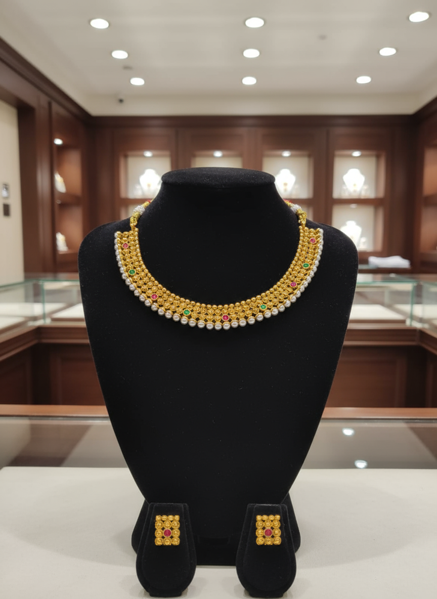 Gold Ball Choker Necklace Set with Pearls and Kemp Stones