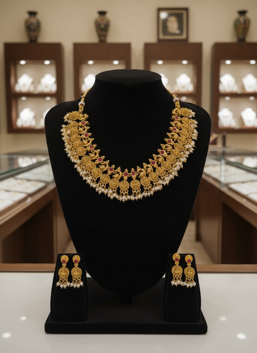 Temple-Style Lakshmi Coin & Pearl Necklace Set