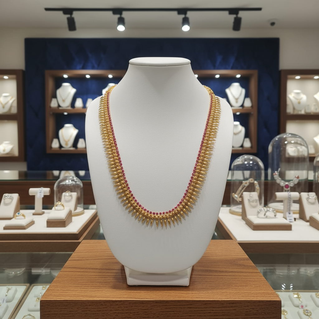 Gold Plated Mulla Muttu Necklace with Ruby stones(20 inch)