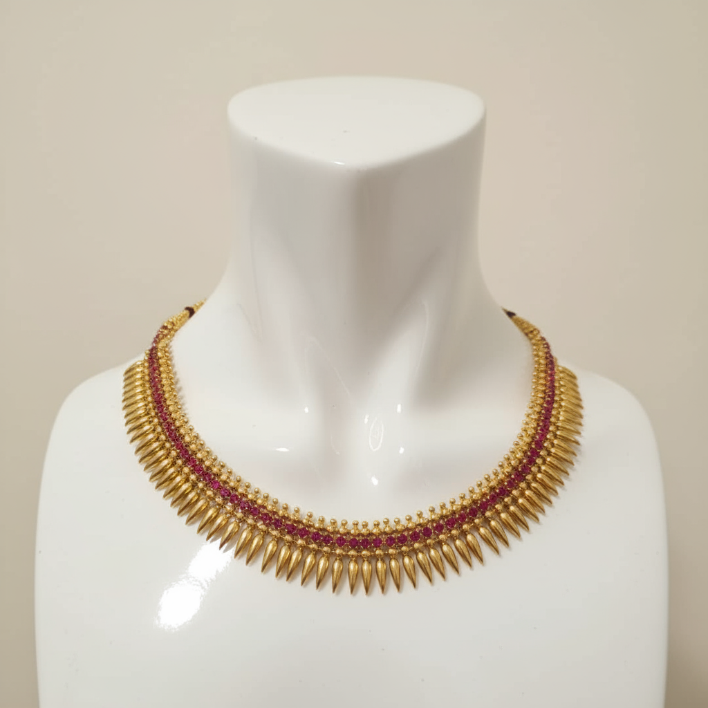 Gold Plated Mulla Muttu Necklace with Ruby Stones(11 inch)