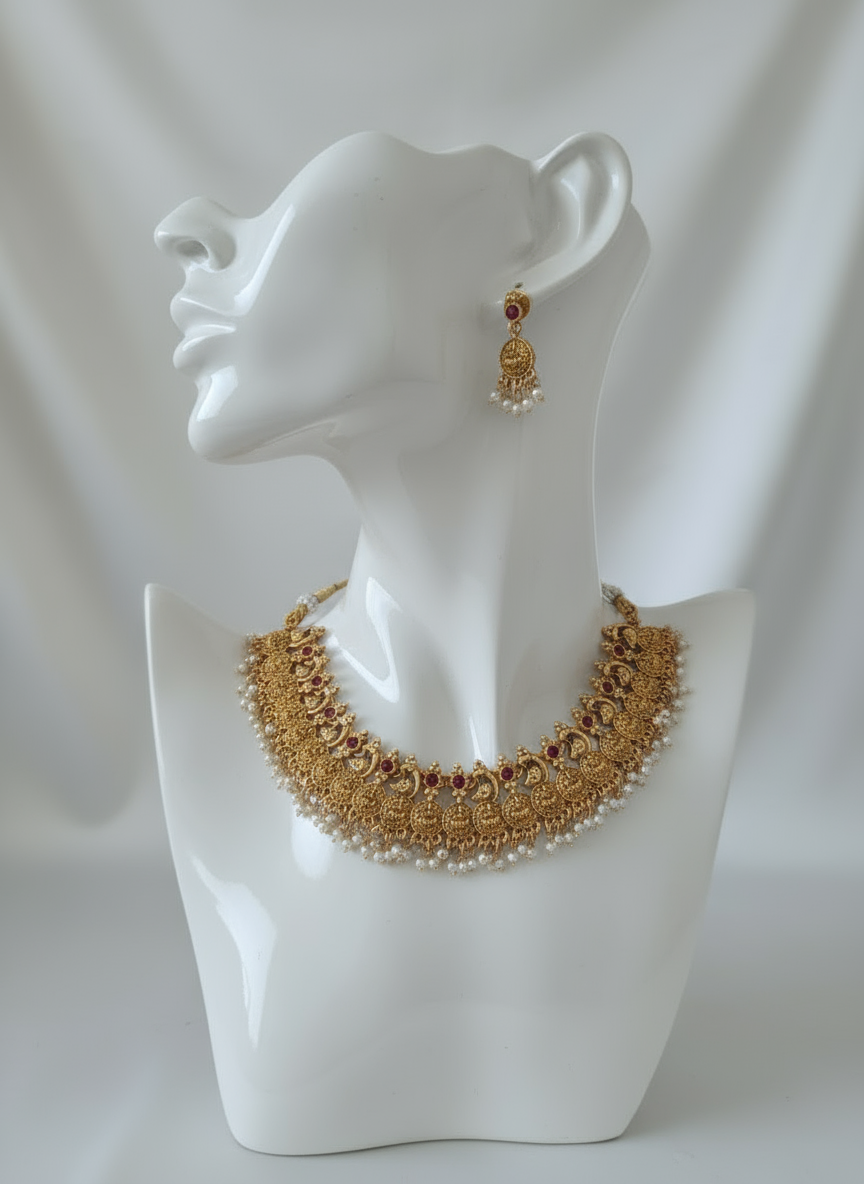 Temple-Style Lakshmi Coin & Pearl Necklace Set