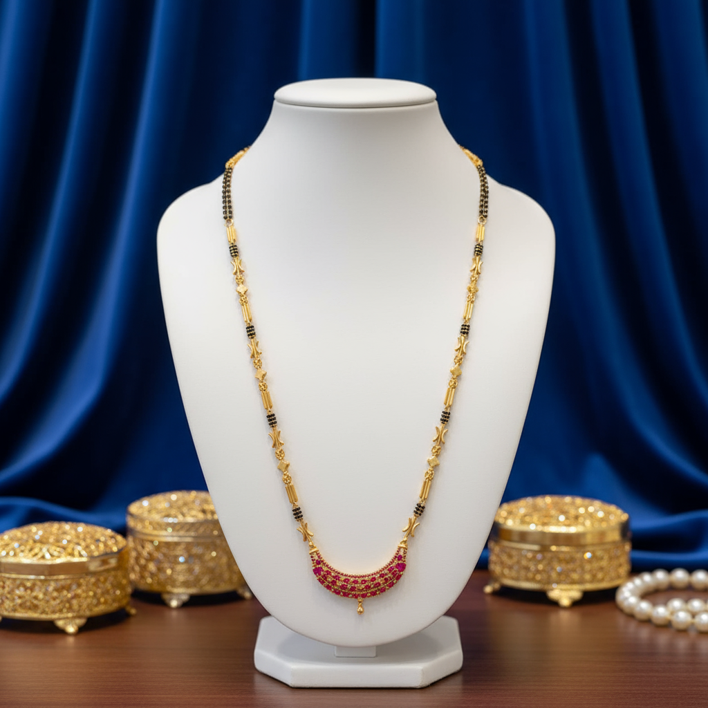 Black bead necklace with Ruby stone pendant