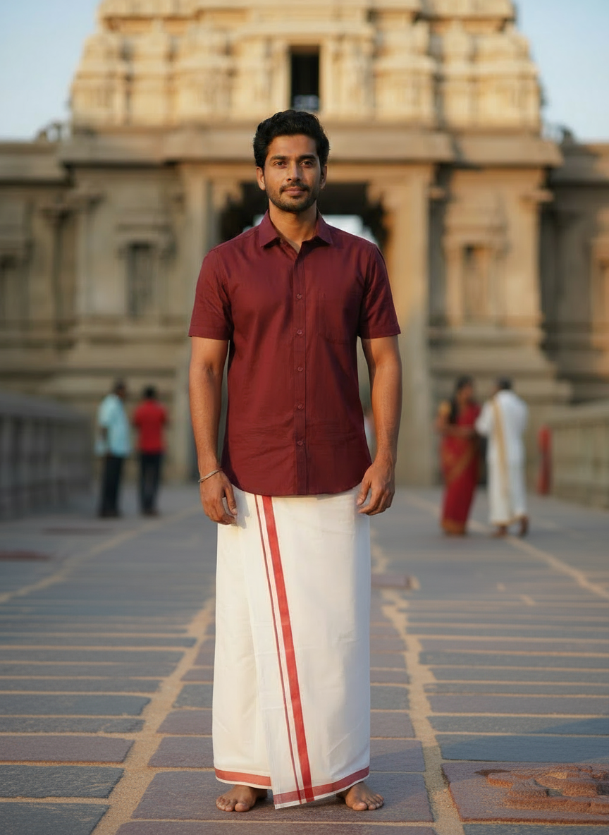 Cotton Maroon Shirt with White Dhoti (Red Border) Combo