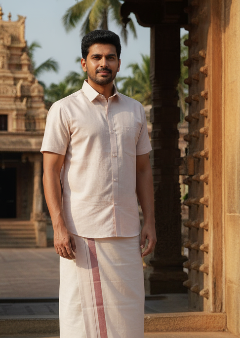 Tissue Dhoti with Subtle Rose Stripe & Matching Shirt